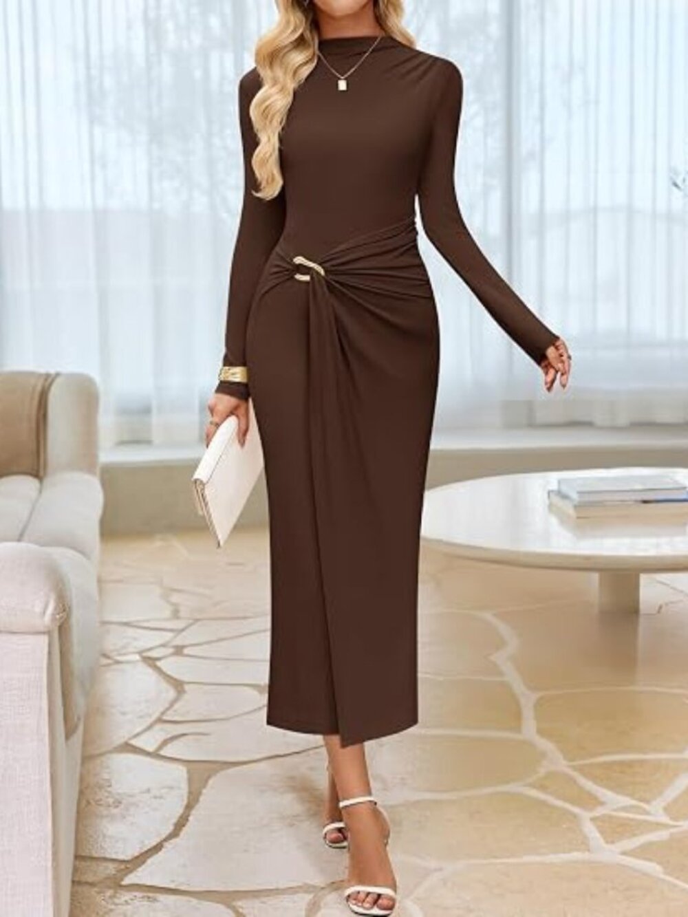 Womens Fall Long Sleeve Wedding Guest Midi Dresses